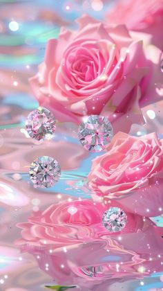 pink roses and diamonds floating in water