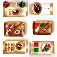 four wooden trays filled with different types of crafts