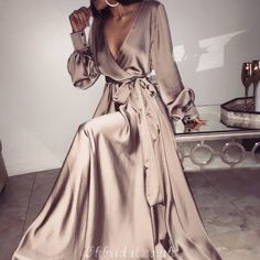 Long Sleeve Prom, Satin Gown, Prom Dresses Long With Sleeves, Long Prom Dress, Dress Backs, Deep V Neck, Satin Dresses, Look Fashion, Classy Outfits