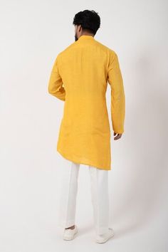 Yellow straight asymmetric kurta with floral thread embroidery. Paired with solid straight pant. - Aza Fashions Spring Cotton Sherwani With Resham Embroidery, Spring Cotton Sherwani With Chikankari Embroidery, Handloom Straight Kurta For Spring, Traditional Handloom Kurta For Spring, Handloom Cotton Kurta With Traditional Drape, Spring Pallu Straight Kurta, Floral Thread Embroidery, Asymmetric Kurta, Men Kurta