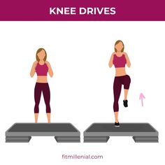 a woman is doing an exercise on a scale with the words knee drives above her