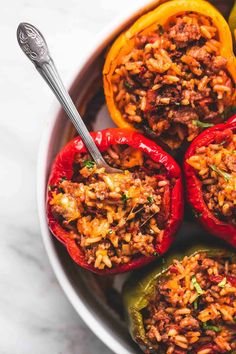 stuffed peppers with meat and rice in a bowl