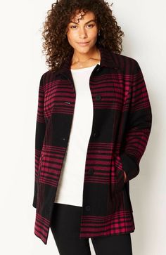 Designed in a warm wool blend, our fully lined buffalo plaid coat is the perfect piece for the season.  Front princess seams with on-seam pockets add a feminine touch to this classic style.  An inverted pleat below the back yoke gives it a modern feel.  The length is great over our much-loved tunics and provides comfortable, confident coverage. Thigh length:  34'' center back Bust: armpit to armpit 26 1/2" Hemline: 59" Long sleeves Front closure 55% wool, 40% polyester and 5% other fibers woven. Plaid Coat, Princess Seam, Buffalo Plaid, Vest Jacket, Buffalo, Women's Blazer, Wool Blend, Classic Style, Plaid