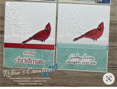 two christmas cards with cardinals on them and the words merry christmas, robin's creations