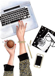 a woman's hands on top of a laptop computer next to other accessories and gadgets