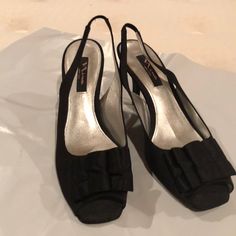 Satin Sling Back Peep Tie With Bow. Brand New, Never Worn. Elegant Black Synthetic Slingback Sandals, Elegant Black Slingback Sandals, Nina Shoes, Shoes Color, Sling Back, Shoes Shoes, Shoes Women Heels, Shoes Heels, Size 10