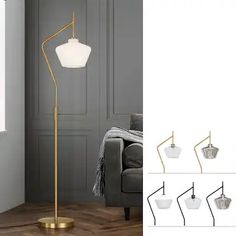 the floor lamp is next to an image of a living room with grey walls and wood floors