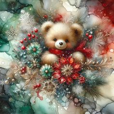 a painting of a teddy bear surrounded by snowflakes