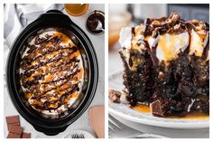 two pictures one with chocolate cake and the other with marshmallows on top