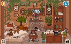 a living room filled with lots of furniture next to a fireplace and potted plants