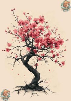 a painting of a tree with pink flowers on it