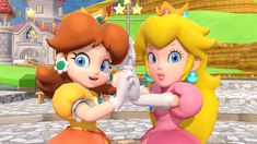 two nintendo wii game characters standing next to each other in front of a large castle