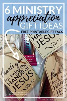 some tags that are on top of each other with the words, 6 ministry appreciation gifts free printable gift tags