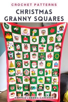 a crochet christmas granny's square blanket with the words, crochet patterns