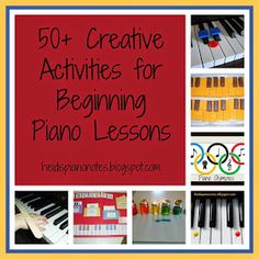 the cover of 50 + creative activities for beginning piano lessons, with pictures of different kinds of musical instruments