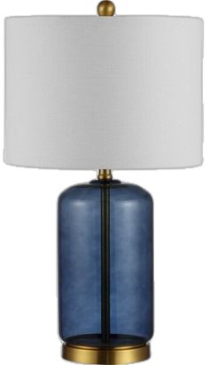 a blue glass table lamp with a white shade