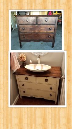 an old dresser has been transformed into a bathroom vanity