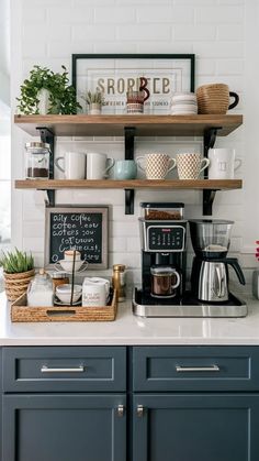 a kitchen counter with coffee maker and shelves above it