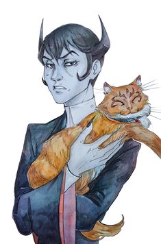 a drawing of a man holding a cat with horns on it's head and wearing a suit