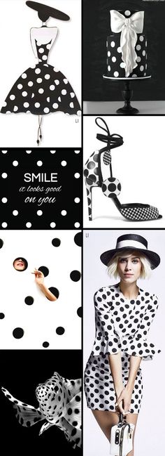 a collage of photos showing different styles of shoes and hats with polka dots on them