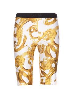 80% Polyester, 20% Elastane Elegant Summer Leggings, Gold Shorts, Versace Jeans Couture, Short Leggings, Versace Jeans, Italian Luxury, Gianni Versace, Jeans Jumpsuit, Yoga Wear