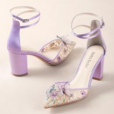 ELIZA Lavender Butterfly Garden Block Heels by Bella Belle. Lacey pointed toe with a block heel and butterflies at the top Butterfly Block, Lilac Heels, Lavender Heels, Garden Blocks, Butterfly Heels, Lavender Butterfly, Lavender Silk, Purple Heels, Shoe Crafts