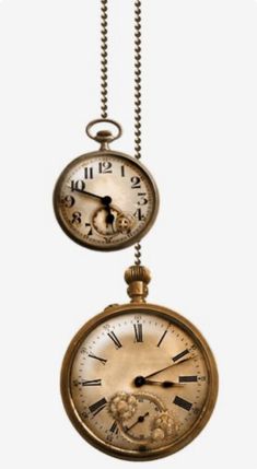 an old pocket watch hanging from a chain on a white background with clipping path