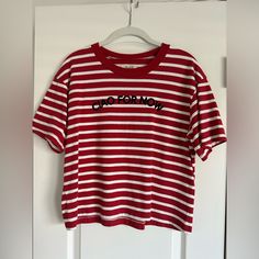 Madewell Size Small Red & White Stripe New With Tags. Perfect Condition 100% Cotton Red Graphic Tee With Text Print, Red Relaxed Fit Top With Text Print, Striped Short Sleeve Tops With Letter Print, Red Cotton Top With Letter Print, Red Cotton Tops With Letter Print, Red Cotton Top With Text Print, Red Cotton Tops With Text Print, Madewell Top, Striped T Shirt