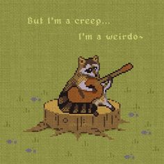 a cross stitch pattern with a raccoon holding a baseball bat on top of a stump