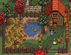 an old - school computer game with pumpkins in the foreground and a pond