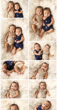 multiple pictures of babys laying on top of each other and posing for the camera