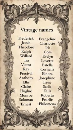 A list of vintage names masculine names and feminine names   #names #namelist #vintagenames #nameaesthetic #list Jewish Last Names, Interesting Last Names, Native American Last Names, Names Of Aesthetics, Noble Last Names, 1940s Names, Dark Academia Last Names, Goth Last Names, Cool Female Names