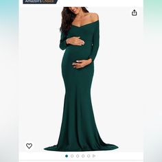 the pregnant woman is wearing a green gown