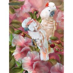 two white birds sitting on top of pink flowers