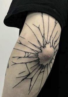 Shattered Elbow Tattoo, Glass Shattering Tattoo, Independent Meaning Tattoo, Center Tattoo Chest, Waist Tattoos Men Lower, Cracked Elbow Tattoo, Men’s Leg Tattoos Simple, Anime Aesthetic Tattoo Ideas, Skin Cracking Tattoo