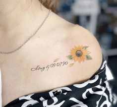 a woman with a sunflower tattoo on her shoulder that reads, may 1940 - 1970