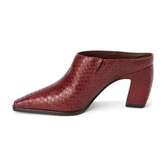 Matisse McCarthy Pointed Toe Mule A pointed toe mule with an angled, architectural heel.  Looks great with any outfit.       Red snake, espresso croc, or bone,      5.5-11M     Slip on style     Leather     Manmade sole     Approx. 3.5" heel      Approx. 0.5" platform height     Synthetic leather lining     Padded insole Red Snake, Outfit Red, Slides Shoes, Mules Shoes, Synthetic Leather, Mule, Espresso, Looks Great, Bones