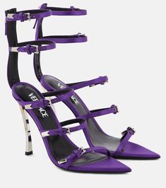 Pin Point Leather Sandals in Purple - Versace | Mytheresa Versace Heels, Name Dark, Dark Orchid, Hat Jewelry, Purple Accessories, Caged Sandals, Shoes On Sale, Exclusive Shoes, Designer Pumps