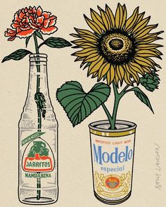 an image of sunflowers and soda cans with flowers in them on a white background