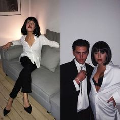 two photos of people posing for the camera, one is wearing a white shirt and black pants