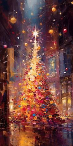 a painting of a brightly lit christmas tree