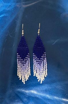 Already made three coloured seed bead fringe earrings. The earring hook is coloured silver. Made by a Métis beader in Canada Cheap Blue Beaded Fringe Earrings, Royal Blue Beaded Earrings, Blue Beaded Fringe Drop Earrings, Adjustable Blue Beaded Fringe Earrings, Blue Hand-strung Beaded Earrings, Seed Bead Fringe Earrings, Bead Fringe Earrings, Bead Fringe, Beaded Fringe Earrings