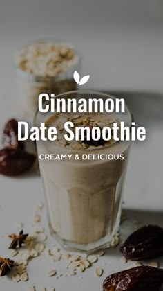 cinnamon date smoothie in a glass with oats and raisins on the side