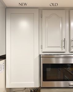 a kitchen with white cabinets and stainless steel microwave above the stove is pictured in this image