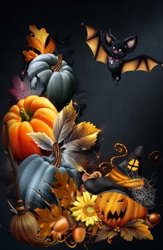 an artistic halloween scene with pumpkins and bats