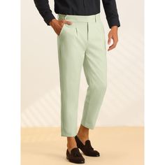 The cropped dress pants for men offer a pleated front and slim fit design. Made from lightweight fabric, these trousers feature a solid color and an extended waistband, making them perfect for business and formal occasions. They can be worn to the office, meetings, proms, or even for daily wear like dating and parties. These pants are a great gift option for friends and family. Slim Fit Solid Color Dress Pants For Spring, Slim Fit Solid Dress Pants For Spring, Business Summer Ankle-length Pants, Summer Business Ankle-length Pants, Summer Formal Pleated Pants, Spring Business Ankle-length Dress Pants, Spring Ankle-length Business Dress Pants, Spring Ankle-length Dress Pants For Business, Summer Business Dress Pants With Tapered Leg