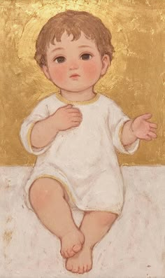 a painting of a baby sitting in front of a gold background