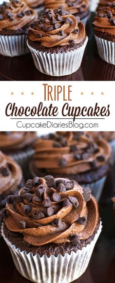 triple chocolate cupcakes with frosting and chocolate chips in the middle on top