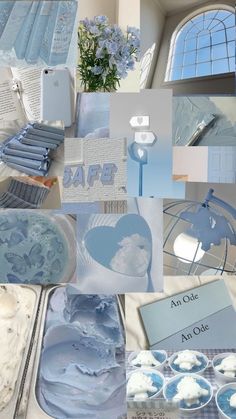 the collage shows blue and white items in different styles, colors, and shapes