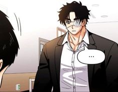 an anime character with black hair and glasses talking to another person in a white shirt